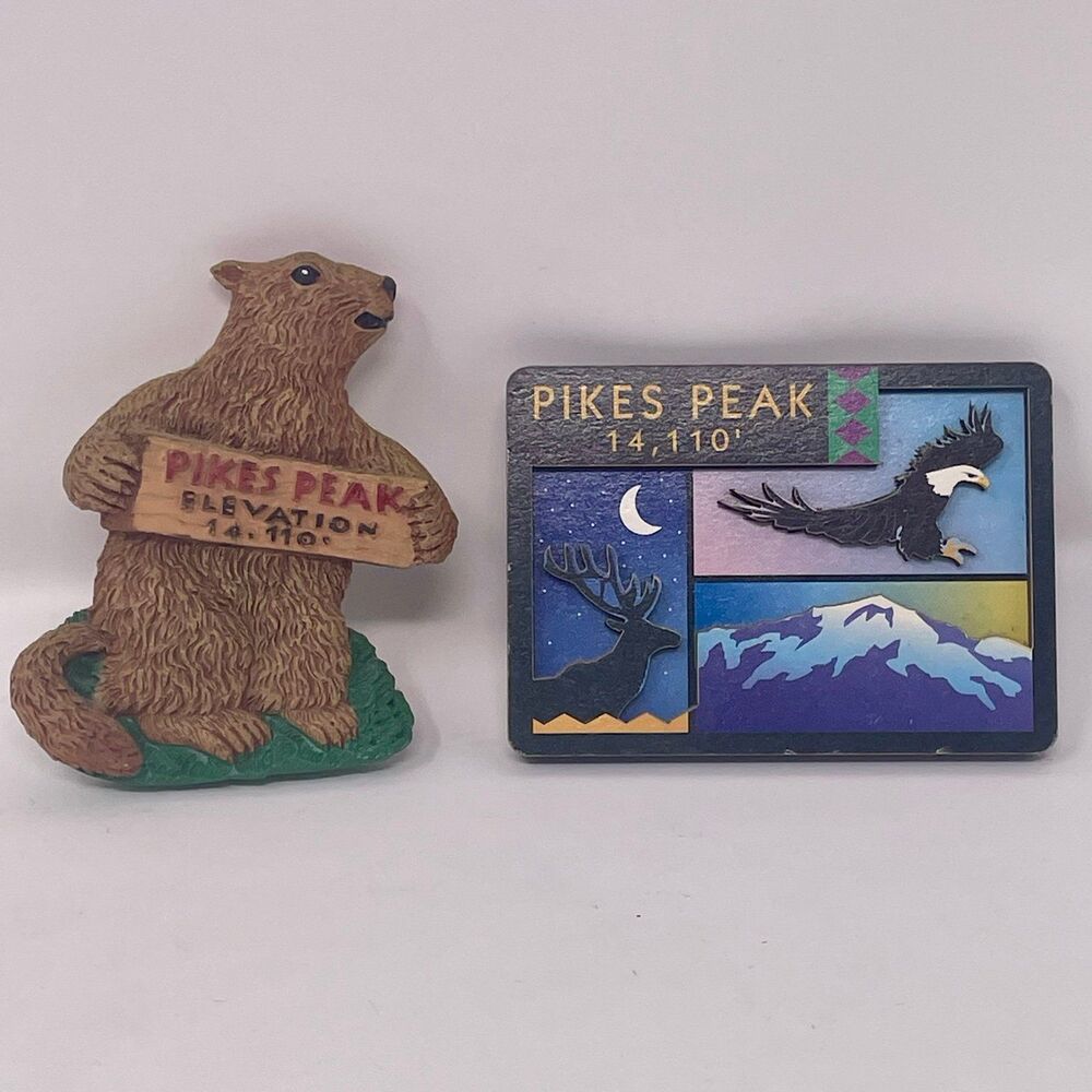 Lot of 2 Vintage Pikes Peak Colorado CO Magnets Marmot Eagle Elk Elevation 14110